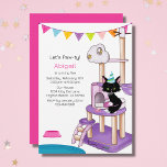 Cute Cat Colorful Pink Modern Kids Birthday Party Kaart<br><div class="desc">Een schattige verjaardagsuitnodiging-sjabloon met een schattige kat op een kraspost omgeven door feestelijke feestdecoraties en kattenspeelgoed. Deze sjabloon kan gemakkelijk met uw partijinformatie en een foto worden bijgewerkt. Als je hulp nodig hebt bij je personalisatie, extra objecten voor je partij of een andere viering, kun je contact met me opnemen...</div>
