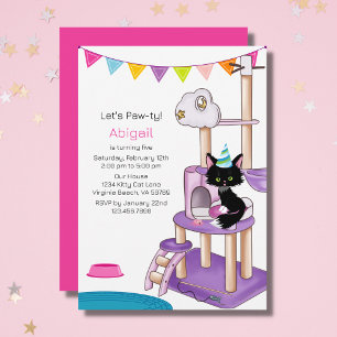 Cute Cat Colorful Pink Modern Kids Birthday Party Kaart