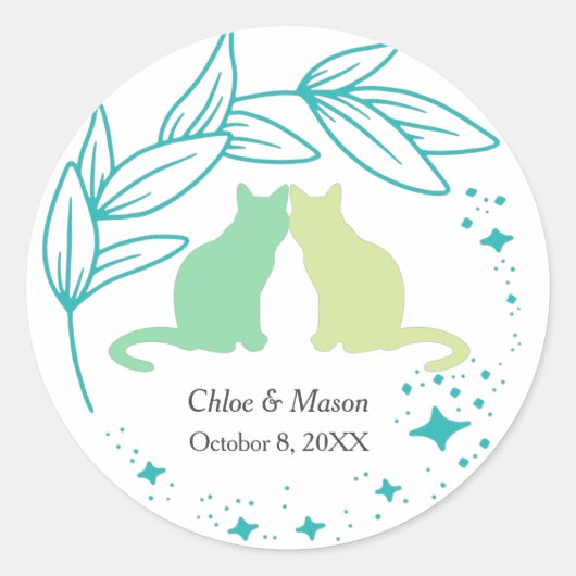 Cute Cat Couple en Unique Greenery Ronde Sticker (Voorkant)
