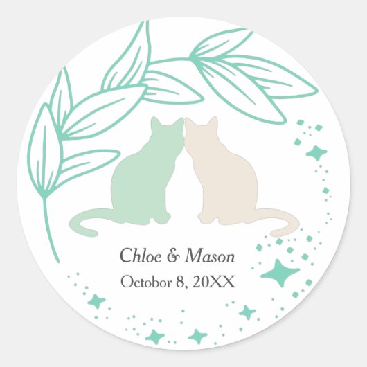 Cute Cat Couple en Unique Greenery Ronde Sticker (Voorkant)