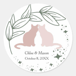 Cute Cat Couple en Unique Greenery Ronde Sticker