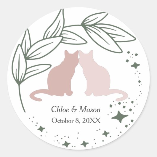 Cute Cat Couple en Unique Greenery Ronde Sticker (Voorkant)