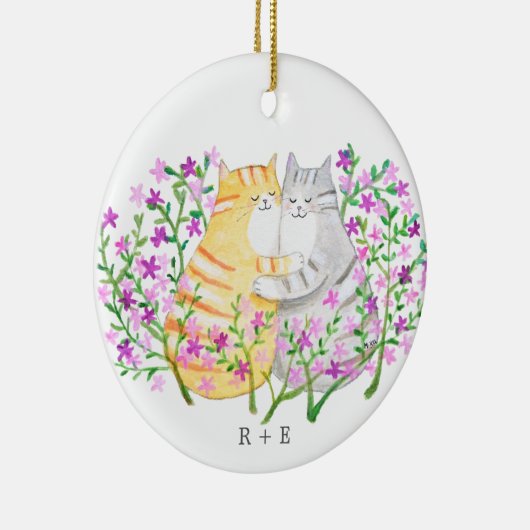 Cute Cat Couple Flowers Custom initial name year  Keramisch Ornament (Rechts)