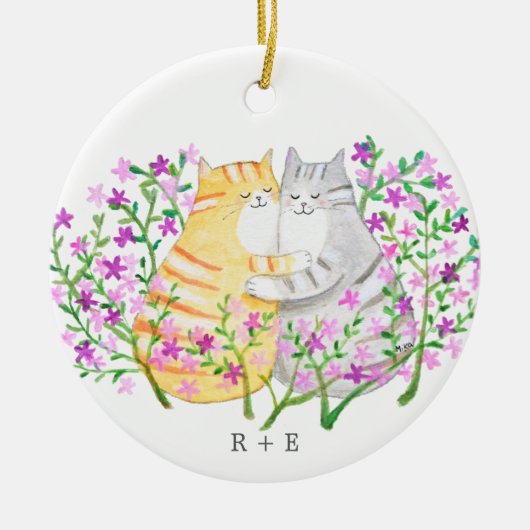 Cute Cat Couple Flowers Custom initial name year Keramisch Ornament (Voorkant)
