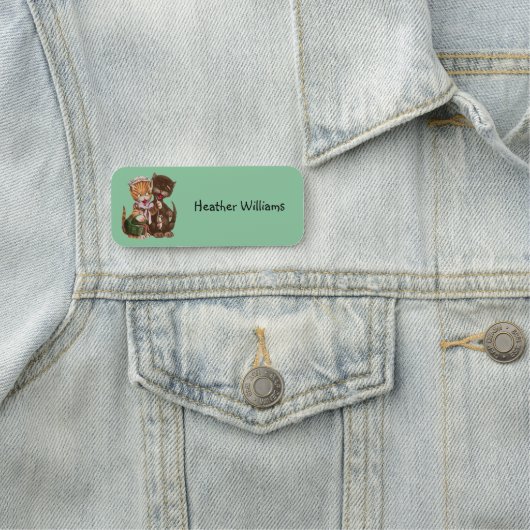 Cute Cat Couple Yellow Brown Sharing Rats Green Naamplaatje (In situ)