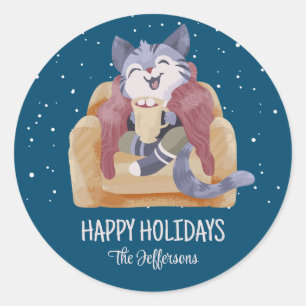 Cute Cat Cozy Kerstmis Snow Winter Holiday Ronde Sticker