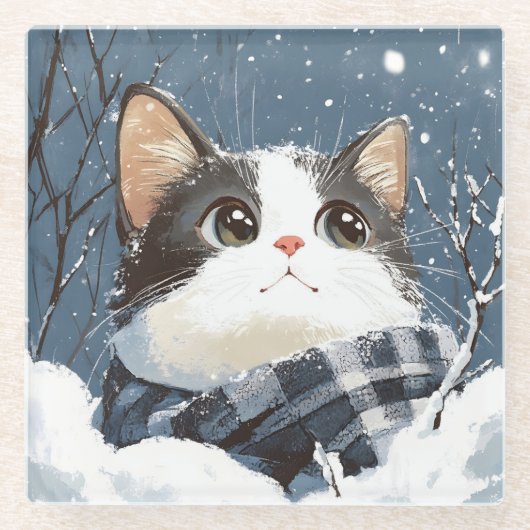Cute cat cozy winter snow glazen onderzetter (Voorkant)