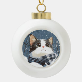 Cute cat cozy winter snow keramische bal ornament
