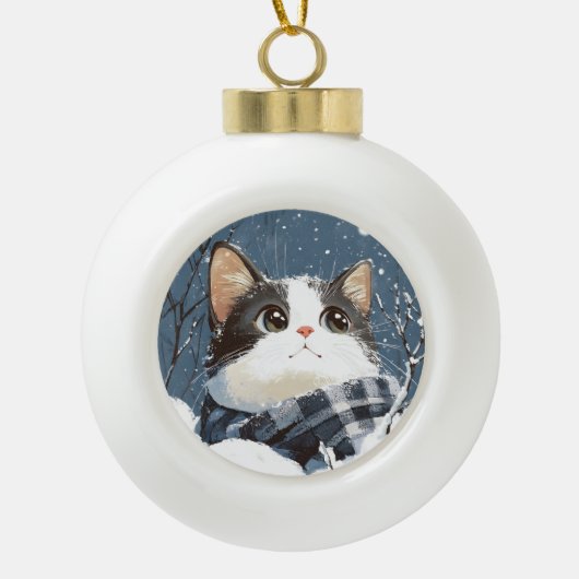 Cute cat cozy winter snow keramische bal ornament (Voorkant)