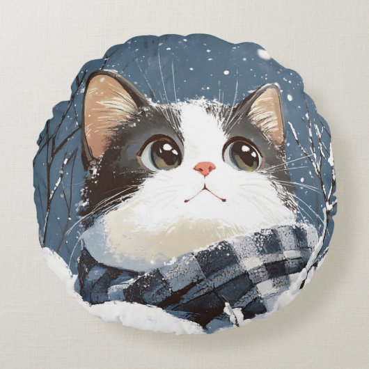 Cute cat cozy winter snow rond kussen (Voorkant)