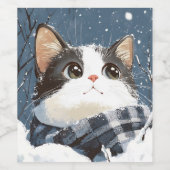 Cute cat cozy winter snow wijn etiket (Enkel label)