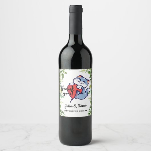 Cute Cat Dank je Baby shower Wine Label Wijn Etiket (Voorkant)