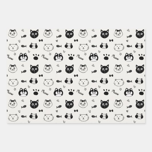 Cute Cat Doodle Pattern – Black and White Cat Face Inpakpapier Vel (Voorkant)