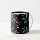 Cute Cat Doodle Roze Blauwgroen zwart Tweekleurige Koffiemok (Voorkant rechts)