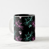 Cute Cat Doodle Roze Blauwgroen zwart Tweekleurige Koffiemok (Voorkant links)
