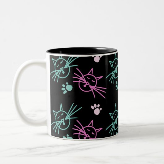 Cute Cat Doodle Roze Blauwgroen zwart Tweekleurige Koffiemok (Links)
