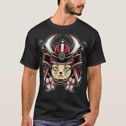 Cute cat draag samurai helmet t-shirt (Voorkant)