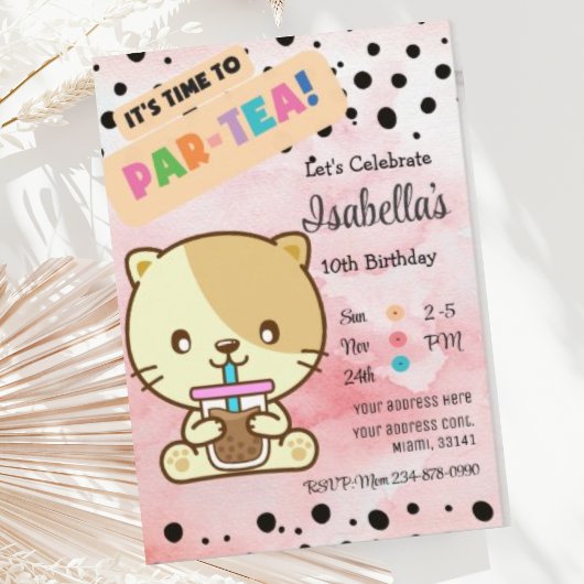 Cute Cat Drink Boba Tea Birthday Uitnodiging