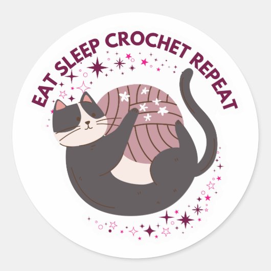 Cute Cat Eat Sleep Crochet Repeat Ronde Sticker (Voorkant)