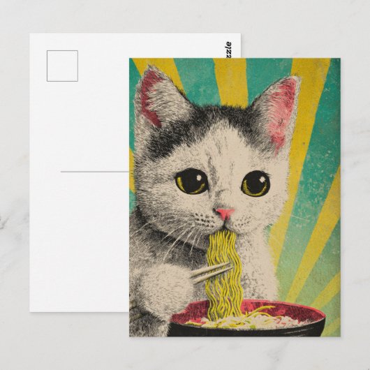 Cute Cat Eating a Bowl of Noodles Briefkaart (Voorkant / Achterkant)
