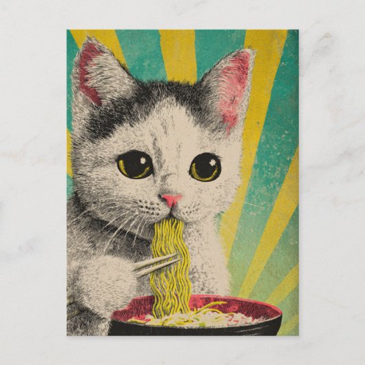 Cute Cat Eating a Bowl of Noodles Briefkaart (Voorkant)