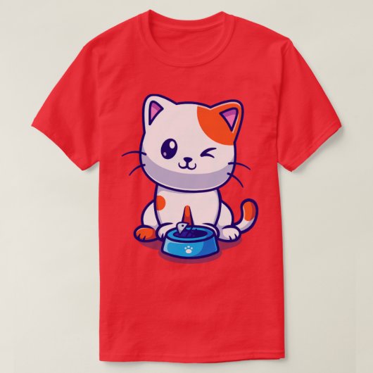 Cute Cat Eating Fish Cartoon T-shirt (Design voorkant)