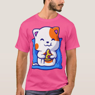 Cute Cat Eating Pizza op Pillow Cartoon T-shirt