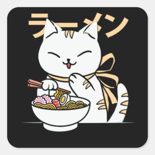 Cute Cat Eating Ramen Cat en Ramen Lover Vierkante Sticker
