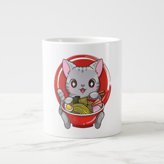 Cute Cat Eating Ramen Japanse voedselkat Lover Grote Koffiekop (Voorkant)