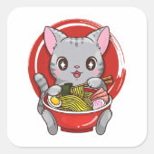 Cute Cat Eating Ramen Japanse voedselkat Lover Vierkante Sticker (Voorkant)