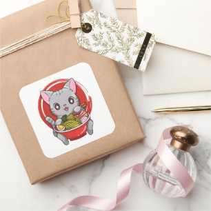 Cute Cat Eating Ramen Japanse voedselkat Lover Vierkante Sticker