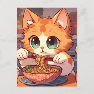 Cute Cat Eating Ramen Noodles Briefkaart