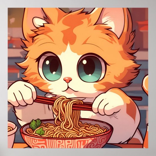 Cute Cat Eating Ramen Noodles Poster (Voorkant)
