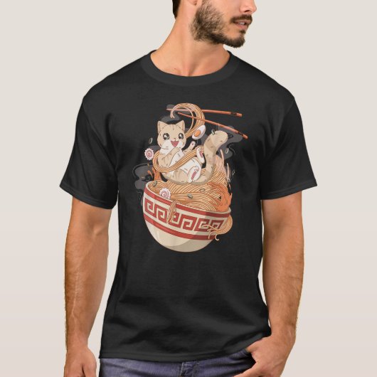 Cute Cat eating Ramen T-shirt (Voorkant)