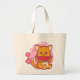 Cute Cat Eating Watermelon Kawaii Grote Tote Bag