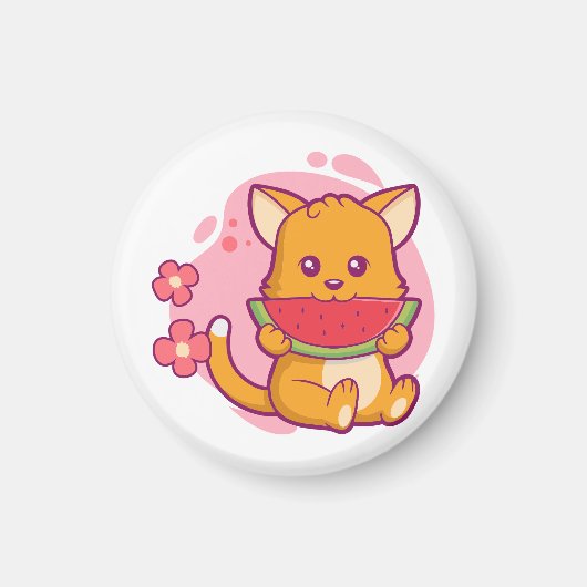 Cute Cat Eating Watermelon | Kawaii Magneet (Voorkant)