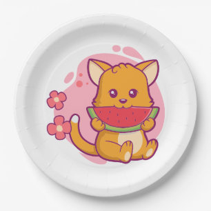 Cute Cat Eating Watermelon Kawaii Papieren Bordje