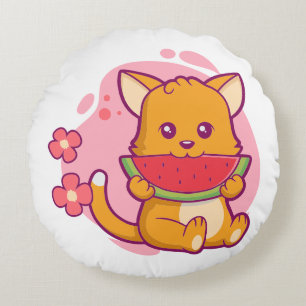 Cute Cat Eating Watermelon Kawaii Rond Kussen