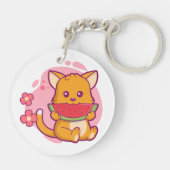 Cute Cat Eating Watermelon | Kawaii Sleutelhanger (Achterkant)