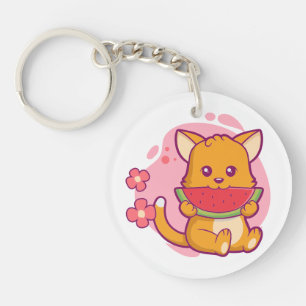 Cute Cat Eating Watermelon   Kawaii Sleutelhanger