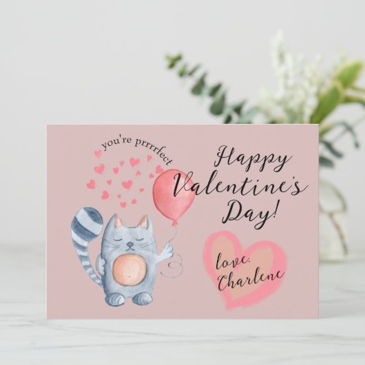 Cute Cat en ballon Valentijnsdag Feestdagenkaart (Staand voorkant)