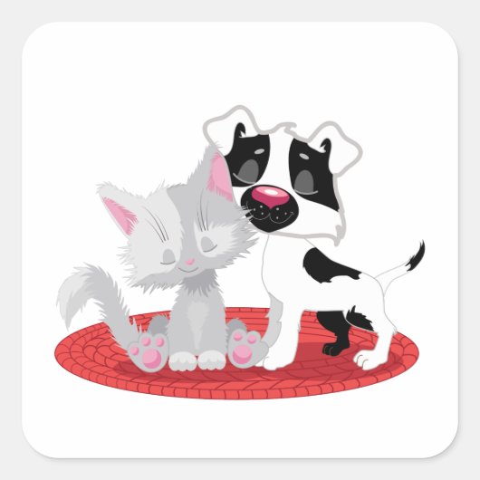 Cute Cat en Dog Vierkante Sticker (Voorkant)