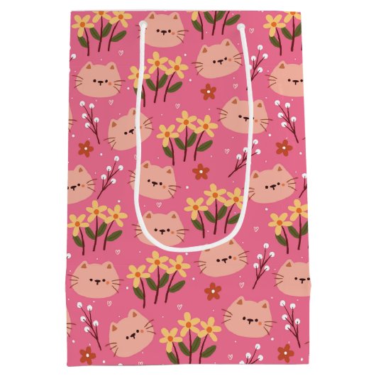 Cute Cat en Flowers Medium Cadeauzakje (Achterkant)