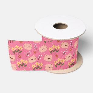 Cute Cat en Flowers Satijnen Lint