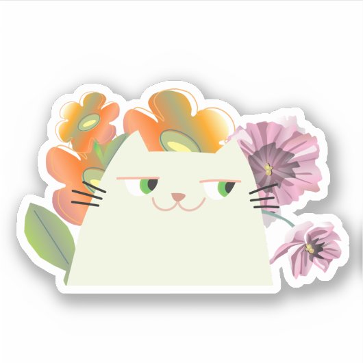 Cute Cat en Flowers Sticker (Voorkant)