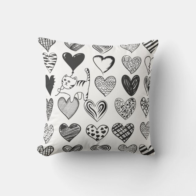 Cute Cat en Heart Black en White Pattern Kussen (Voorkant)