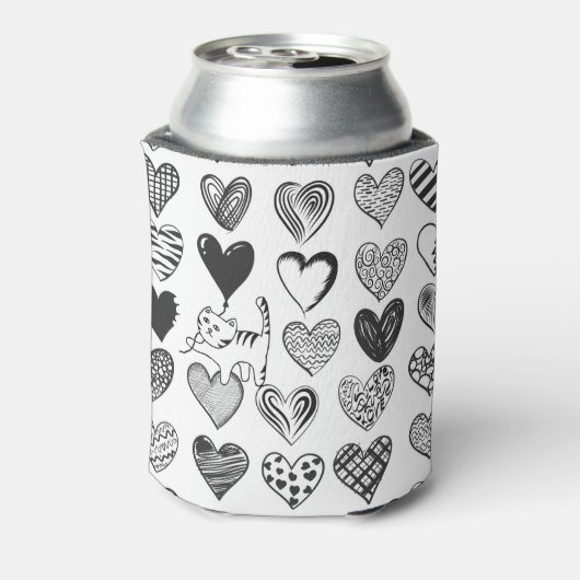 Cute Cat en Heart Pattern Illustratie Blikjeskoeler (Blikje Achterkant)