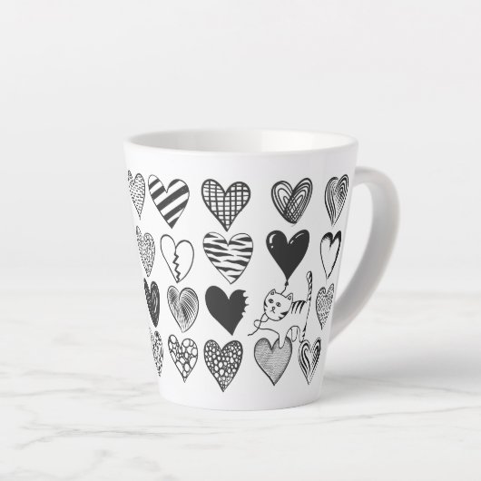 Cute Cat en Heart Pattern Illustratie Latte Mok (Rechterhoek)