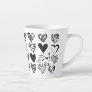 Cute Cat en Heart Pattern Illustratie Latte Mok