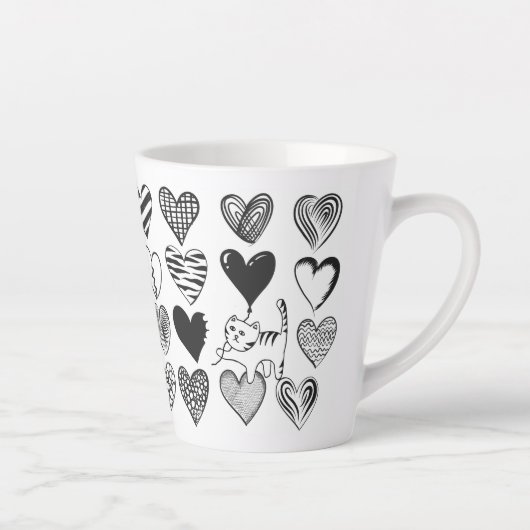 Cute Cat en Heart Pattern Illustratie Latte Mok (Rechts)